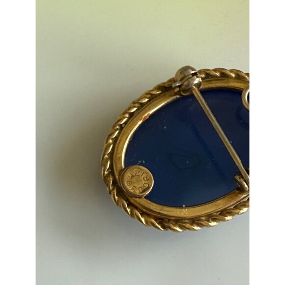 Vintage 50's 12K GF Blue Glass Pearl Shell Cameo Brooch Pendant - Picture 4 of 7